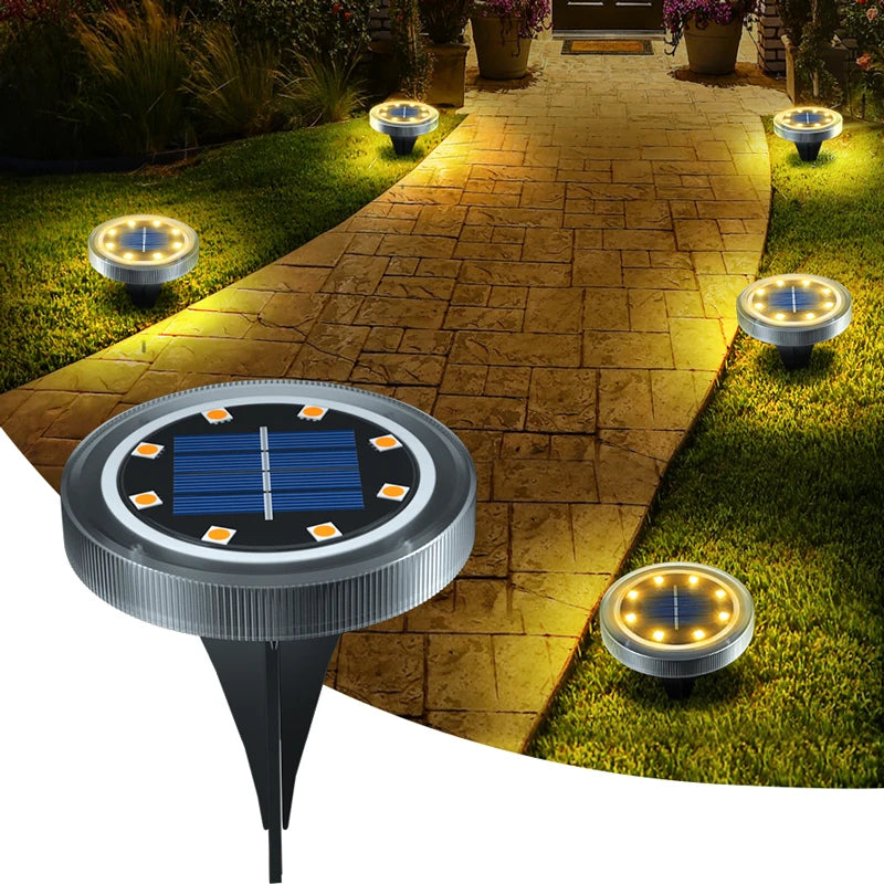 Solar Ground Disk Lights — 8 Pack, Bright, Waterproof, Outdoor, Garden, Pathway