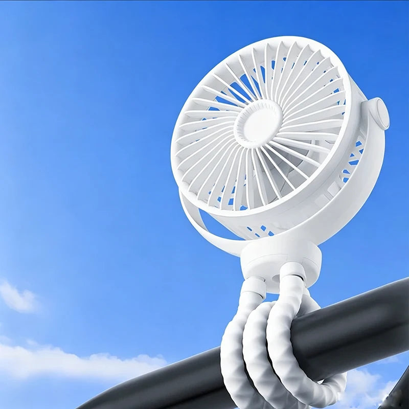 Portable Stroller Fan — USB Rechargeable, Flexible Tripod, Clip-On, Quiet, Safe for Babies