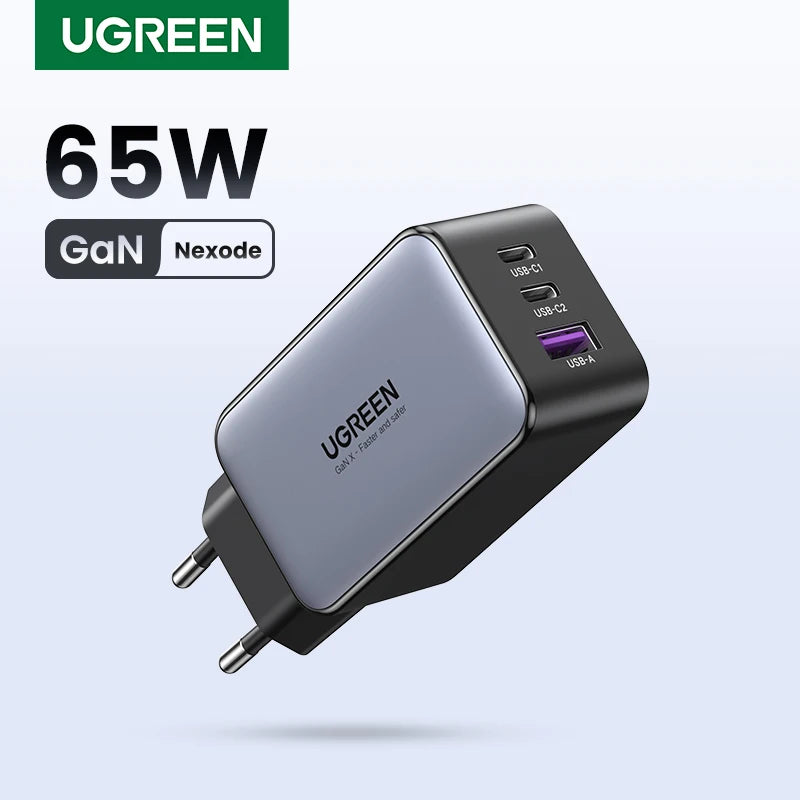 65W GaN 3-Port USB-C/A Fast Charger - Compact Power Adapter with PD & QC for Laptops, Phones, Tablets