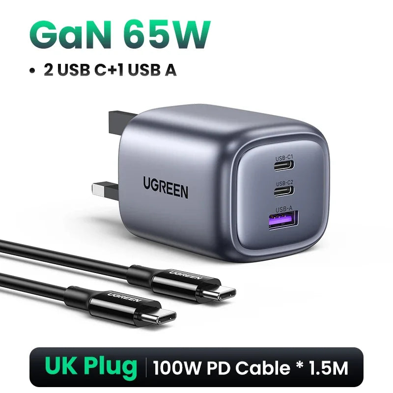 65W GaN 3-Port USB-C/A Fast Charger - Compact Power Adapter with PD & QC for Laptops, Phones, Tablets