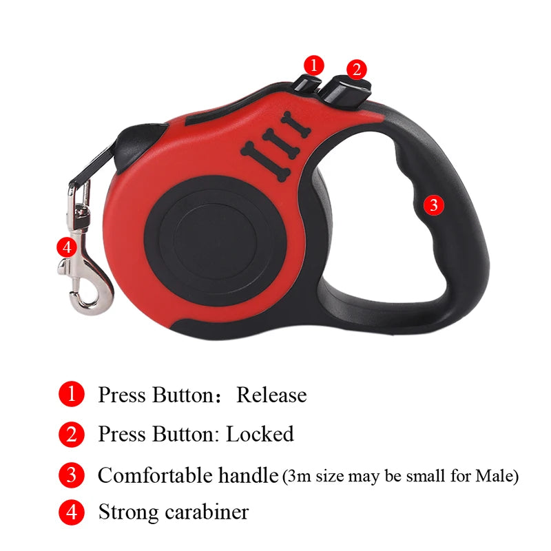 Retractable Dog Leash - 3m or 5m Auto-Locking Nylon Lead for Small to Medium Dogs & Cats, One-Hand Brake, 12 Colors