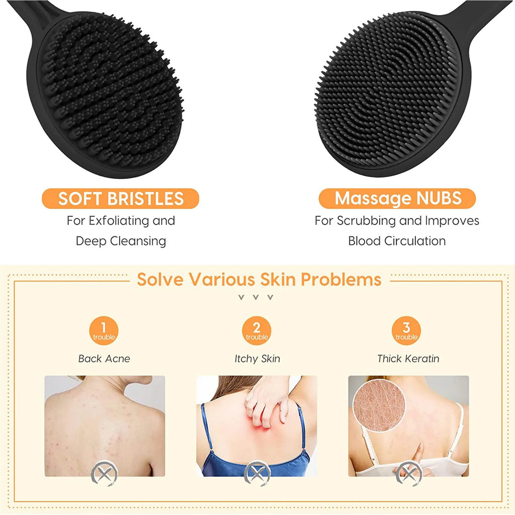 Silicone Back Scrubber Shower Brush - Long Handle Double-Sided Body Exfoliator, Massage Bath Brush, Anti-Mold Bathroom Cleaning Tool