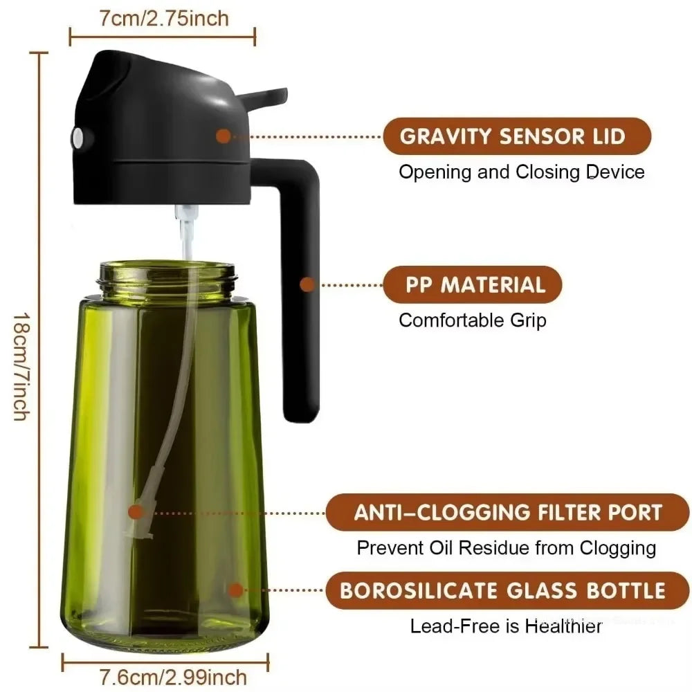 Light-Blocking Olive Oil Sprayer & Dispenser - 470ml 2-in-1 Dark Glass Bottle for Cooking, Salads, Air Fryer, Baking