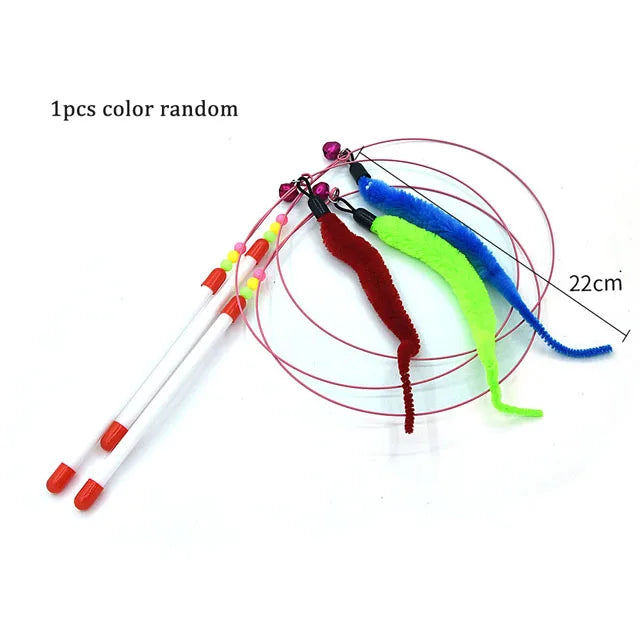 Interactive Cat Teasing Wand - Feather + Bell + Plush Mouse Wire Toy, 14 Color Variants for Indoor Play & Exercise