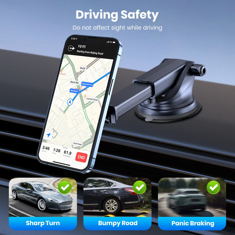 Magnetic Car Phone Mount - N52 Strong Magnet Dashboard Windshield Holder, Telescopic Arm Suction Cup, Universal Phone Stand for iPhone Android