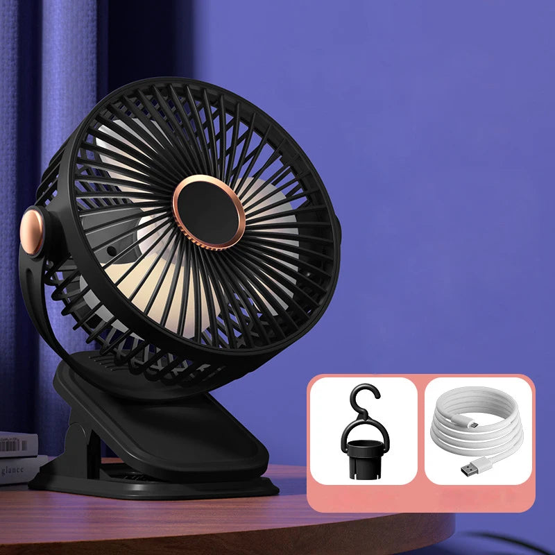 Portable Stroller Fan — USB Rechargeable, Flexible Tripod, Clip-On, Quiet, Safe for Babies