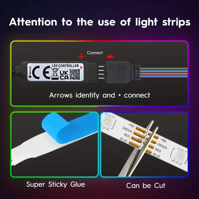 LED Strip Lights — Music Sync, RGB, Dimmable, Remote Control, Flexible, Self-Adhesive