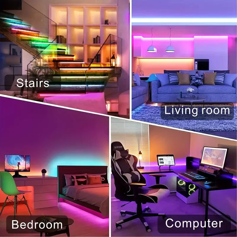 LED Strip Lights — Music Sync, RGB, Dimmable, Remote Control, Flexible, Self-Adhesive