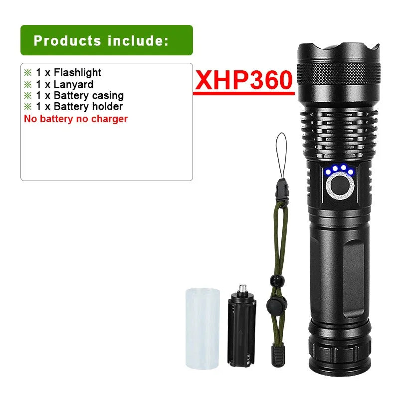XHP360 Ultra-Bright Tactical LED Flashlight - USB-C Rechargeable, Telescopic Zoom, Camping & Emergency Lantern