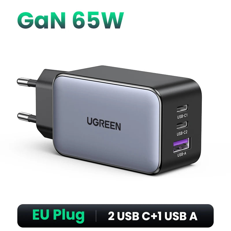 65W GaN 3-Port USB-C/A Fast Charger - Compact Power Adapter with PD & QC for Laptops, Phones, Tablets