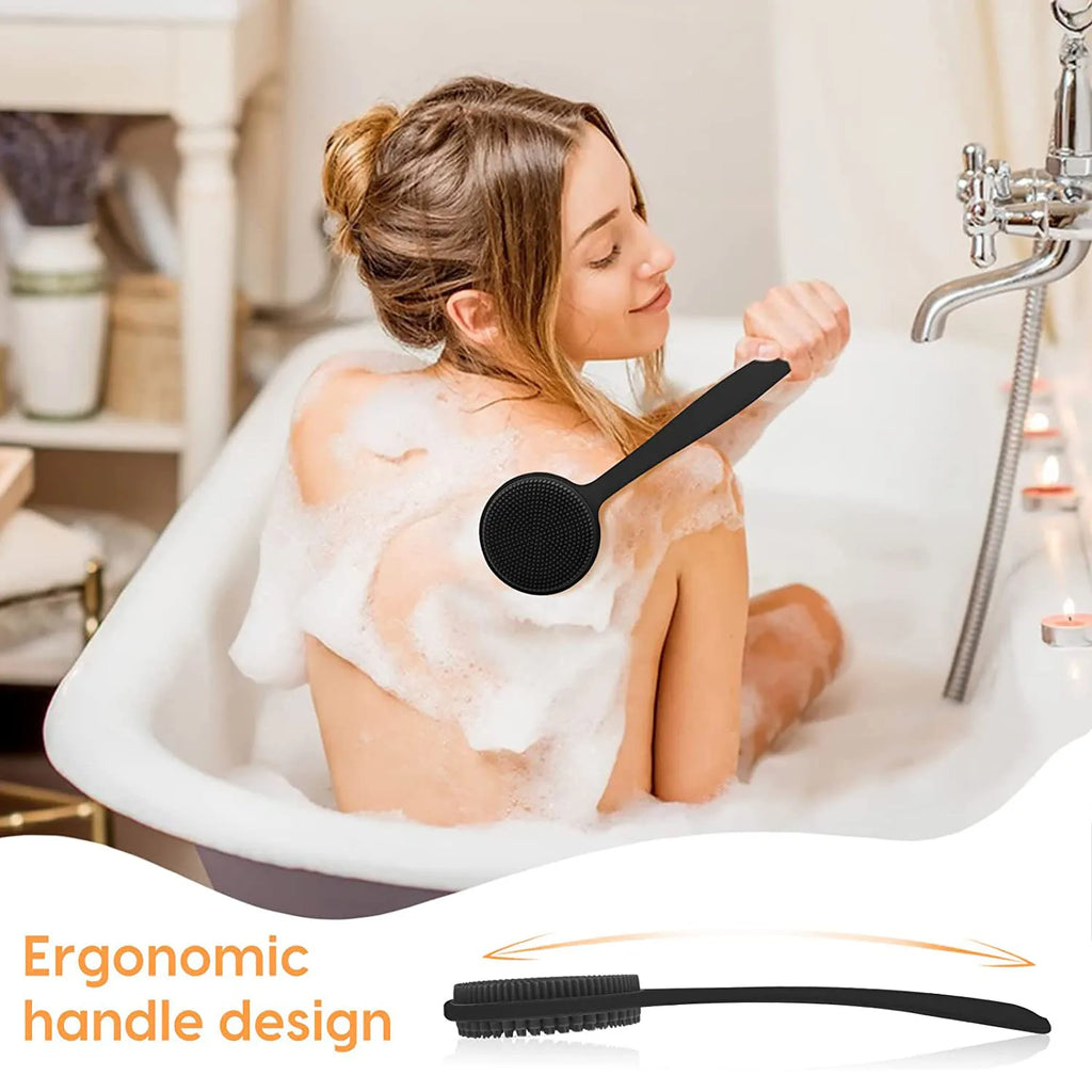 Silicone Back Scrubber Shower Brush - Long Handle Double-Sided Body Exfoliator, Massage Bath Brush, Anti-Mold Bathroom Cleaning Tool