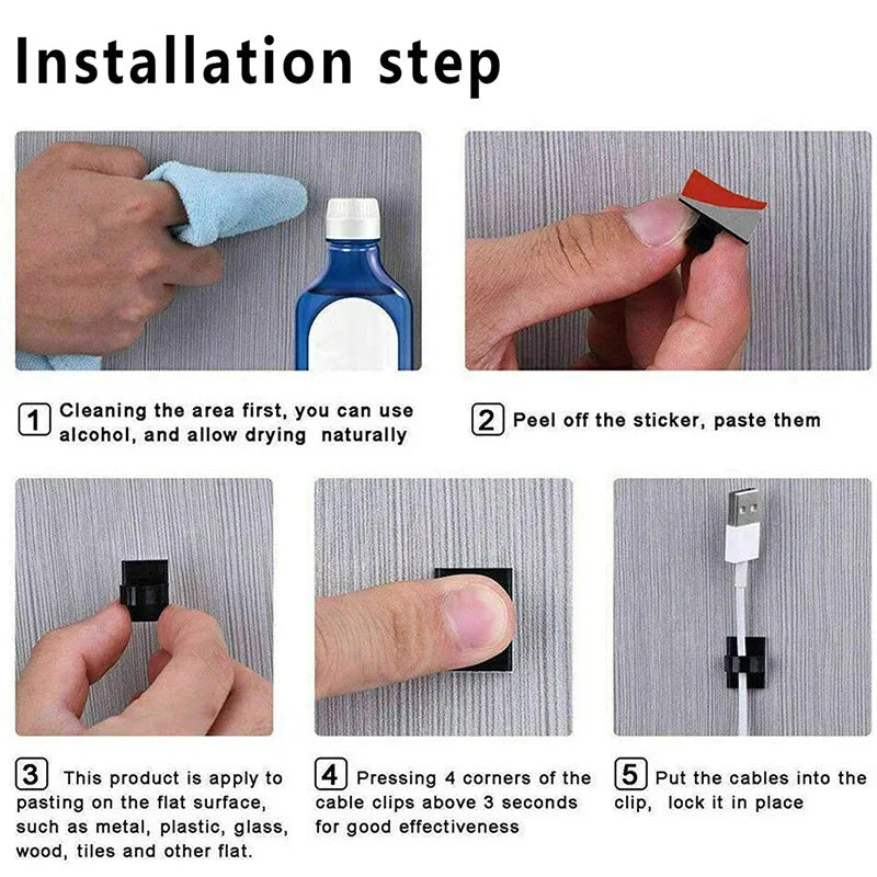 Self-Adhesive Cable Organizer Clip Set - Tame Desk Cords, Headphones, USB Cables, Power Strips (20 / 60 / 100 / 200 pcs)