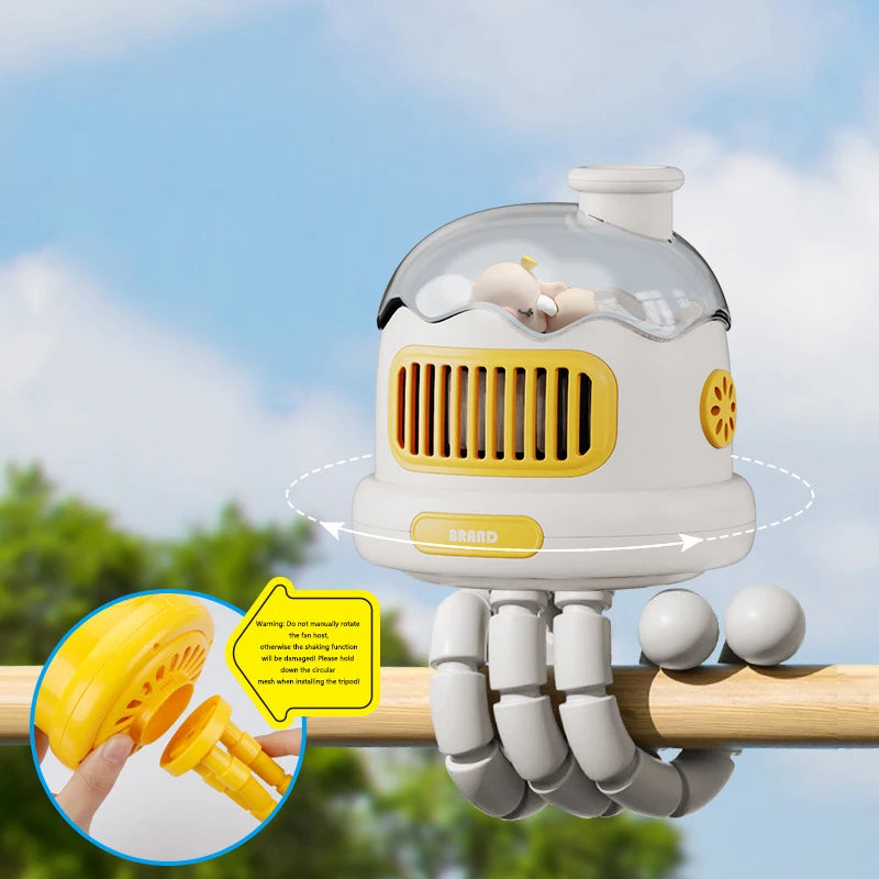 Portable Stroller Fan — USB Rechargeable, Flexible Tripod, Clip-On, Quiet, Safe for Babies
