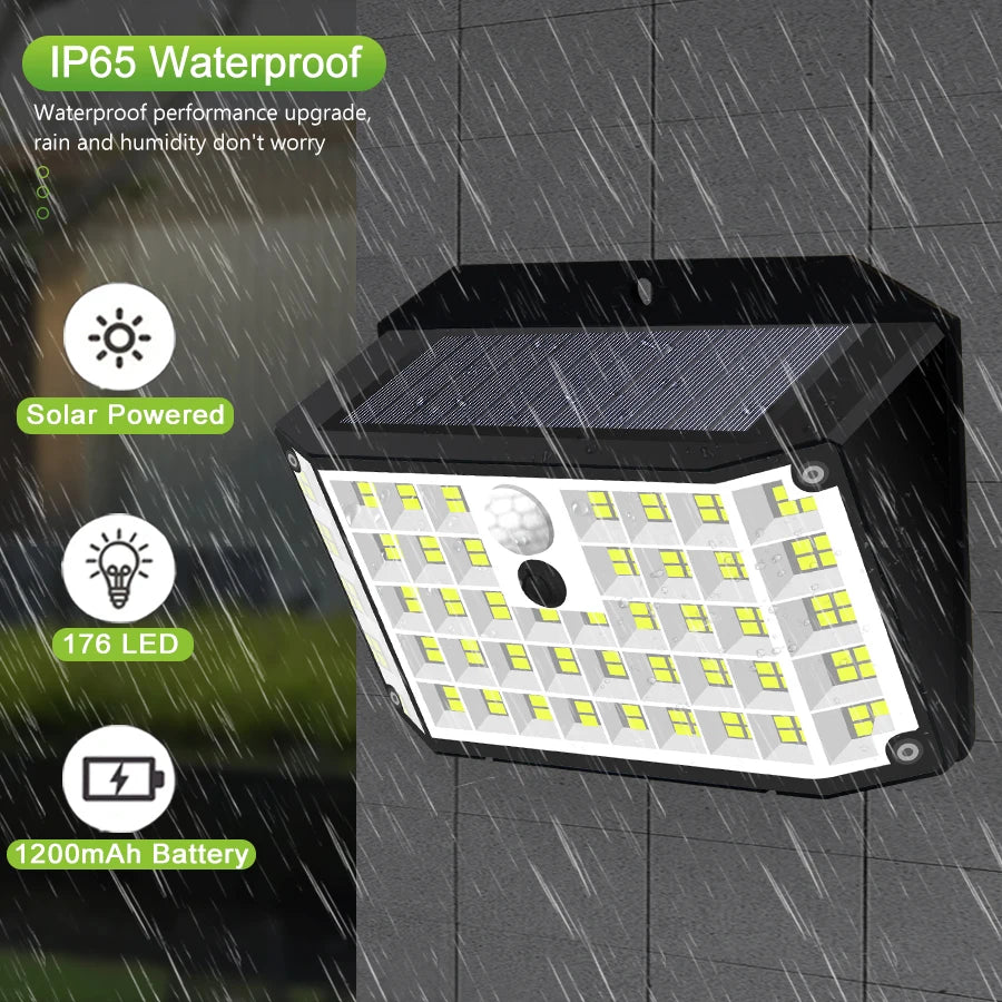 Solar Motion-Sensor Flood Lights - 176 LEDs, IP65 Waterproof, 3 Modes, Zero-Wiring Security Lighting for Porch, Yard, Driveway