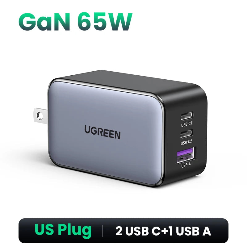 65W GaN 3-Port USB-C/A Fast Charger - Compact Power Adapter with PD & QC for Laptops, Phones, Tablets