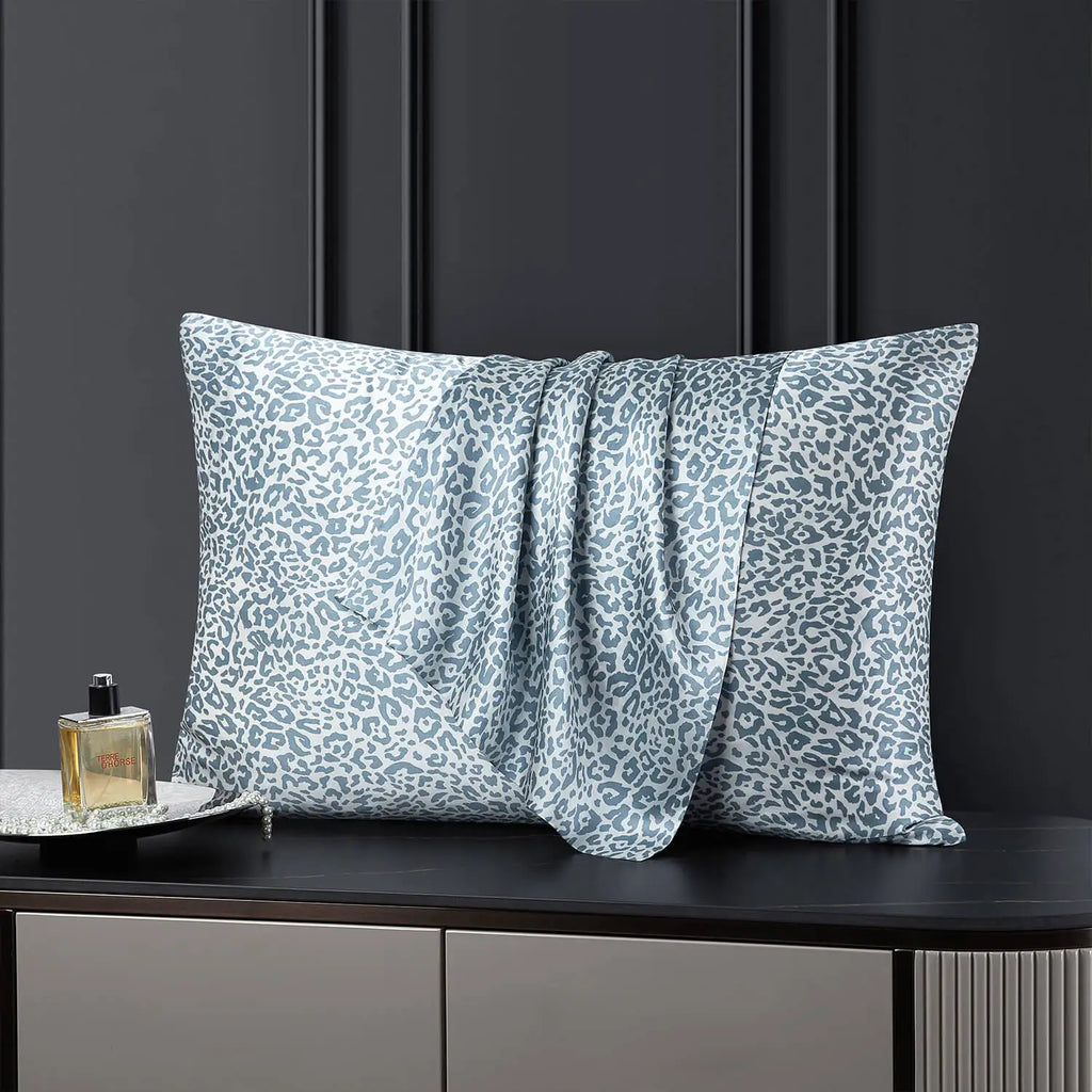 21 Momme Pure Mulberry Silk Pillowcase - Gray Leopard Print, Hidden Zipper, Queen / King Sizes, Hair & Skin Friendly