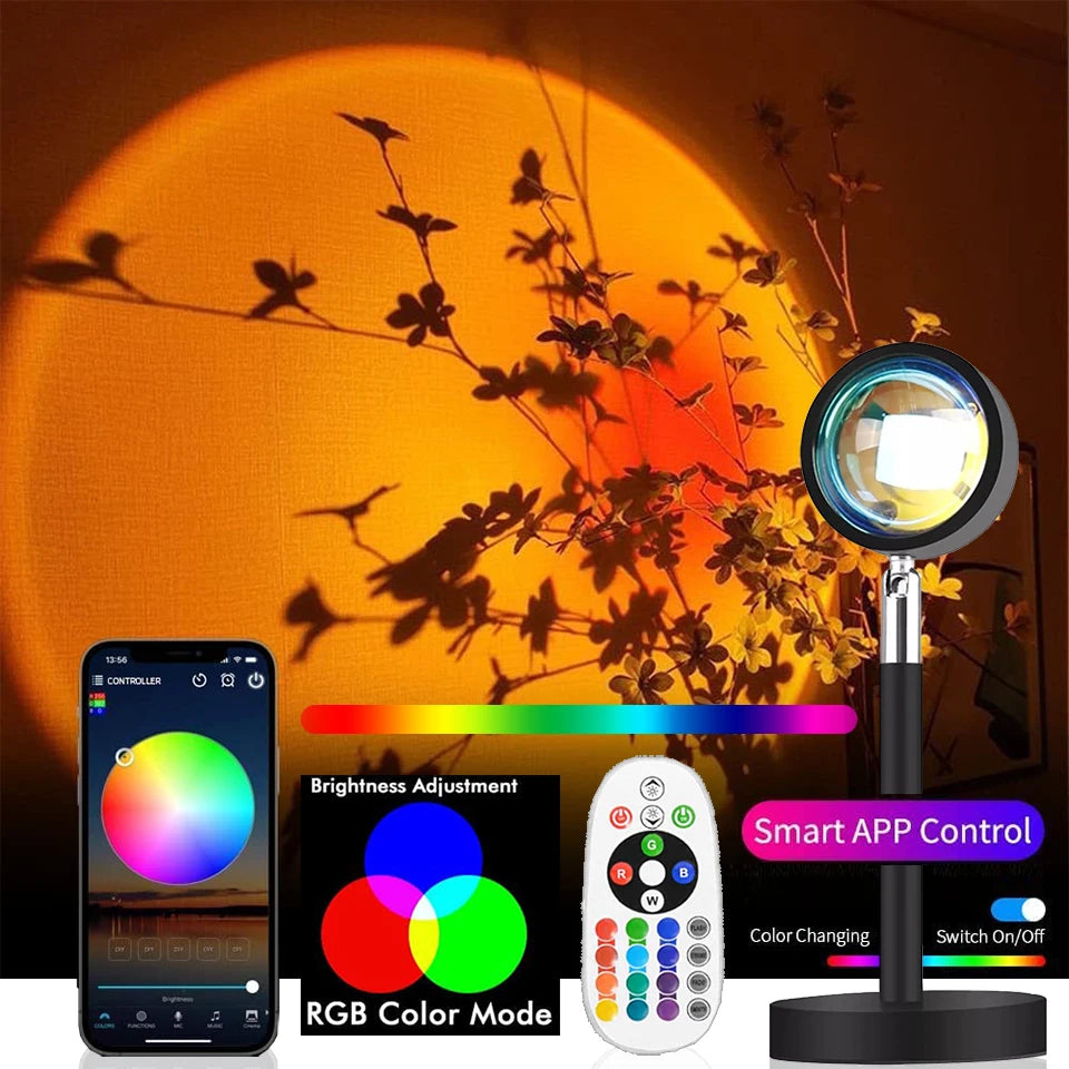 Sunset Projection Lamp - 16-Color RGB Mood Light with Remote & App Control, Aesthetic Bedroom & Tiktok Photography Decor