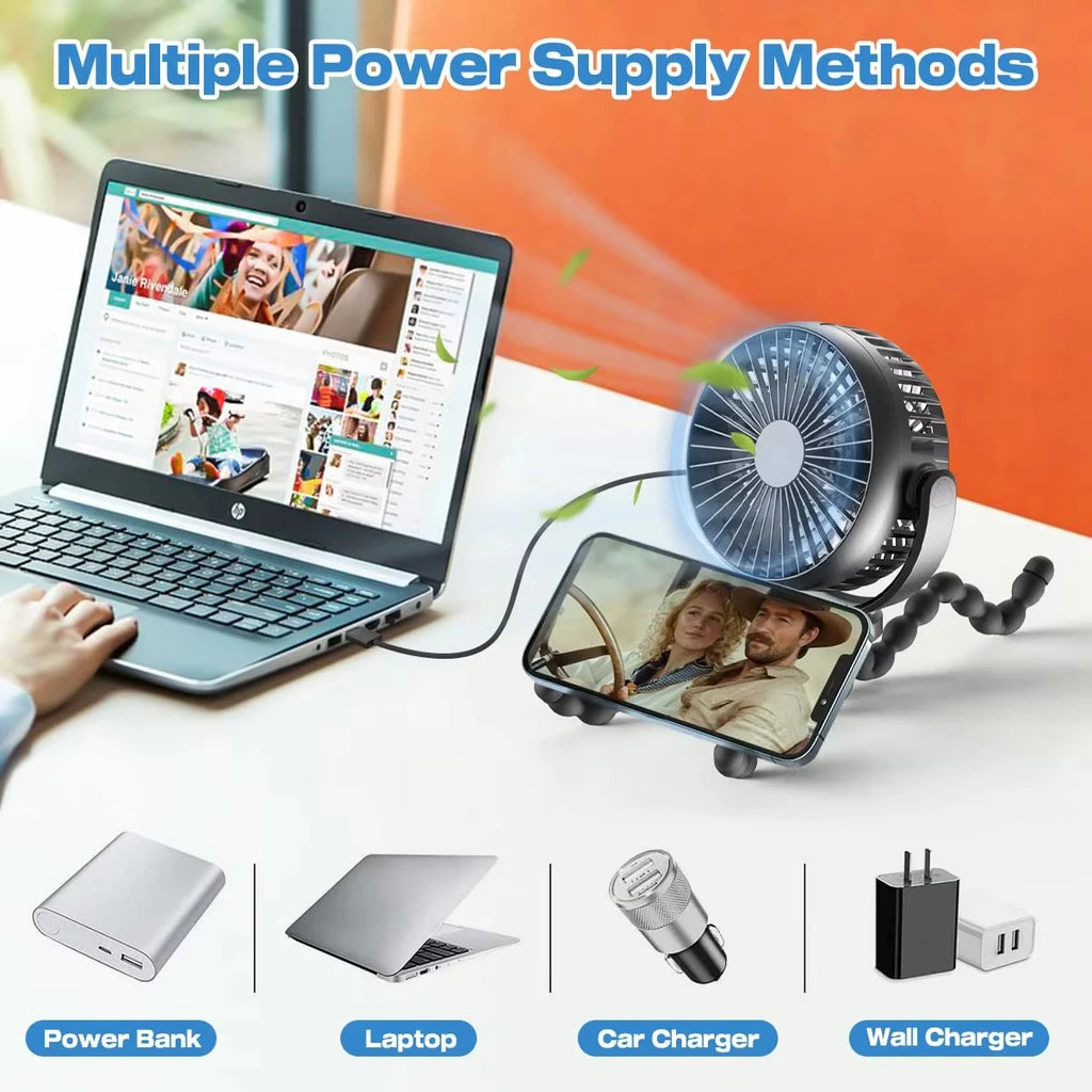 Portable Stroller Fan — USB Rechargeable, Flexible Tripod, Clip-On, Quiet, Safe for Babies