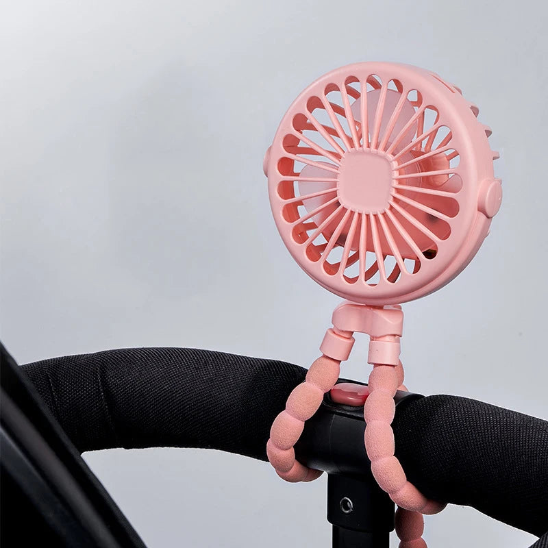 Portable Stroller Fan — USB Rechargeable, Flexible Tripod, Clip-On, Quiet, Safe for Babies