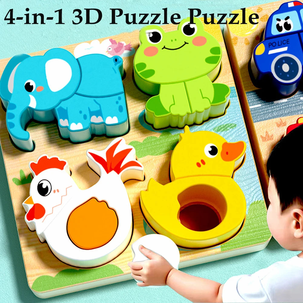 4-in-1 Wooden Animal Puzzle Set - Montessori Cognitive Jigsaw Learning Toy for Toddlers Ages 1-4, Develops Shape & Color Recognition