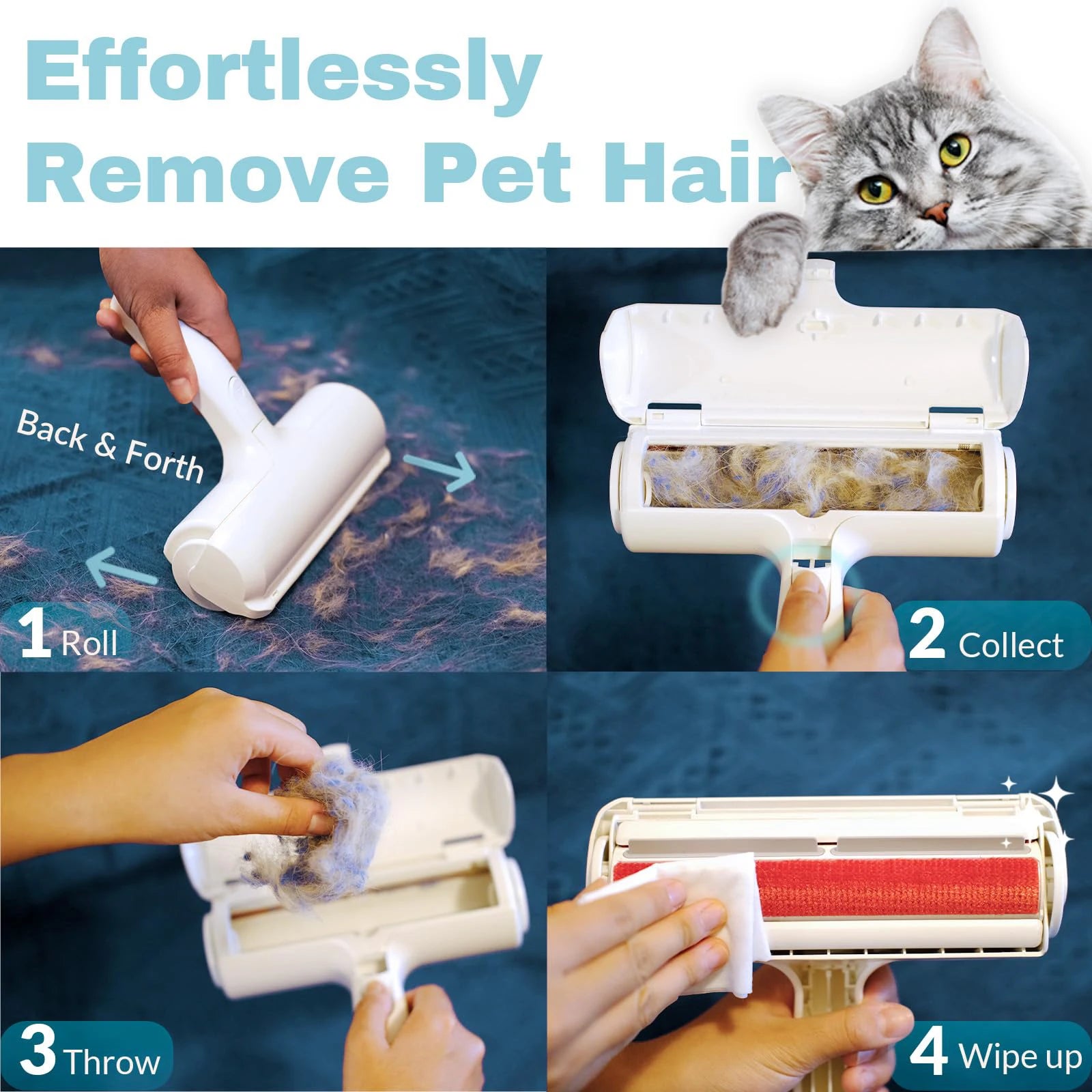 Reusable Pet Hair Remover Roller - No Refills, No Adhesive, Picks Up Dog & Cat Fur from Couch, Carpet, Clothes & Bedding