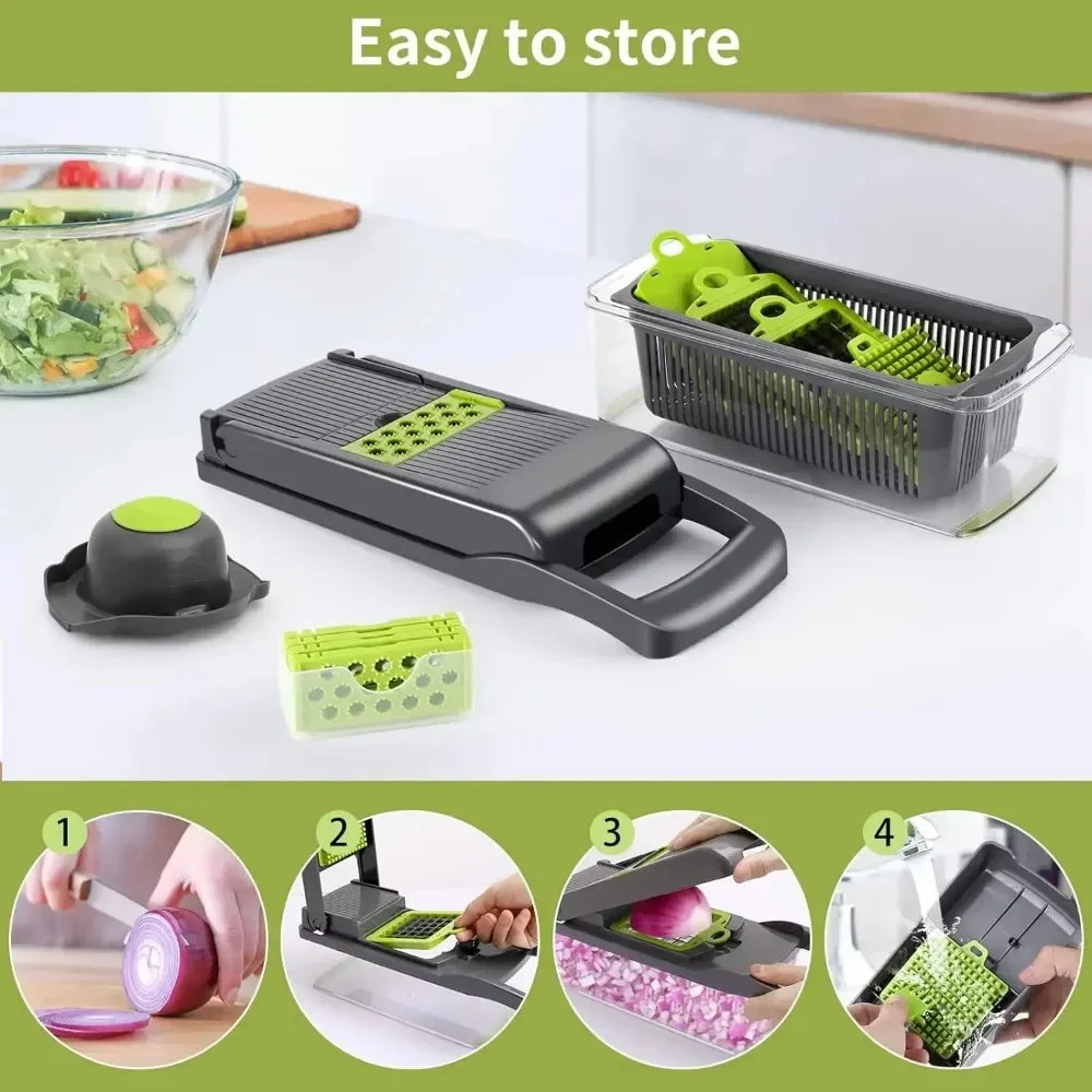 Vegetable Chopper — 12-in-1 Multifunctional, Stainless Steel, Professional Grade, Manual, Dicer