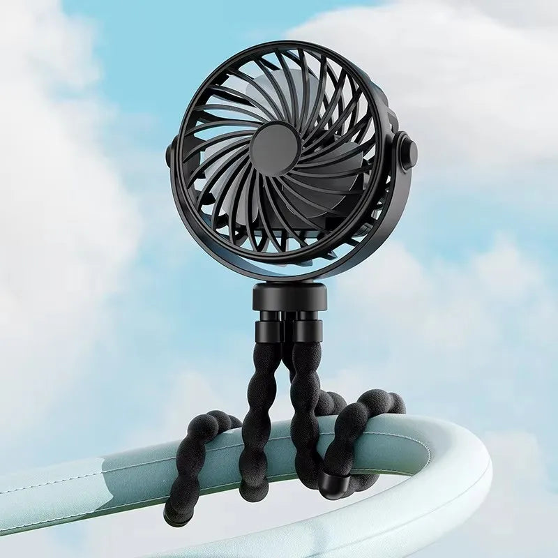 Portable Stroller Fan — USB Rechargeable, Flexible Tripod, Clip-On, Quiet, Safe for Babies