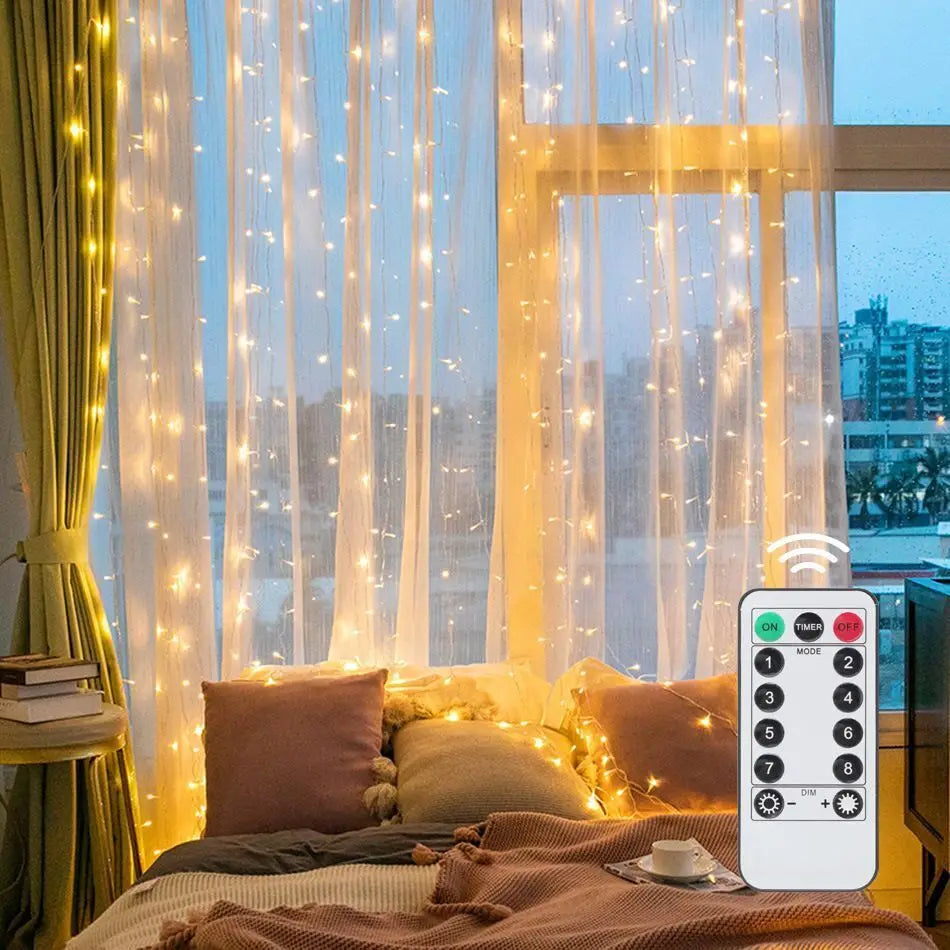 USB Curtain Fairy Lights — 8 Modes, Remote, Timer, Waterproof, Dimmable