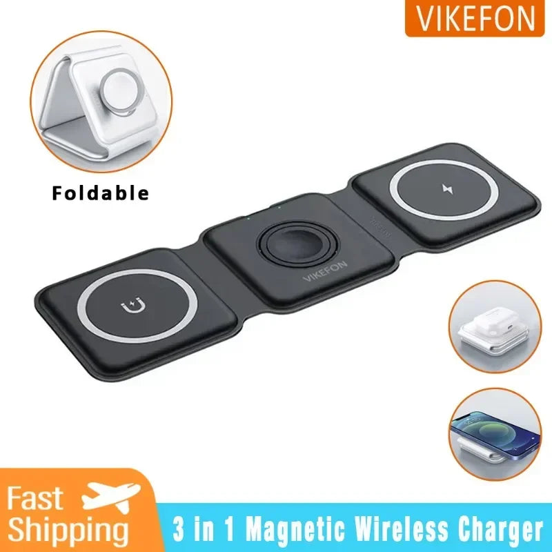 3-in-1 Wireless Charger Stand — Fast Charging, Universal Compatibility, Space Saving, iPhone, Apple Watch, AirPods