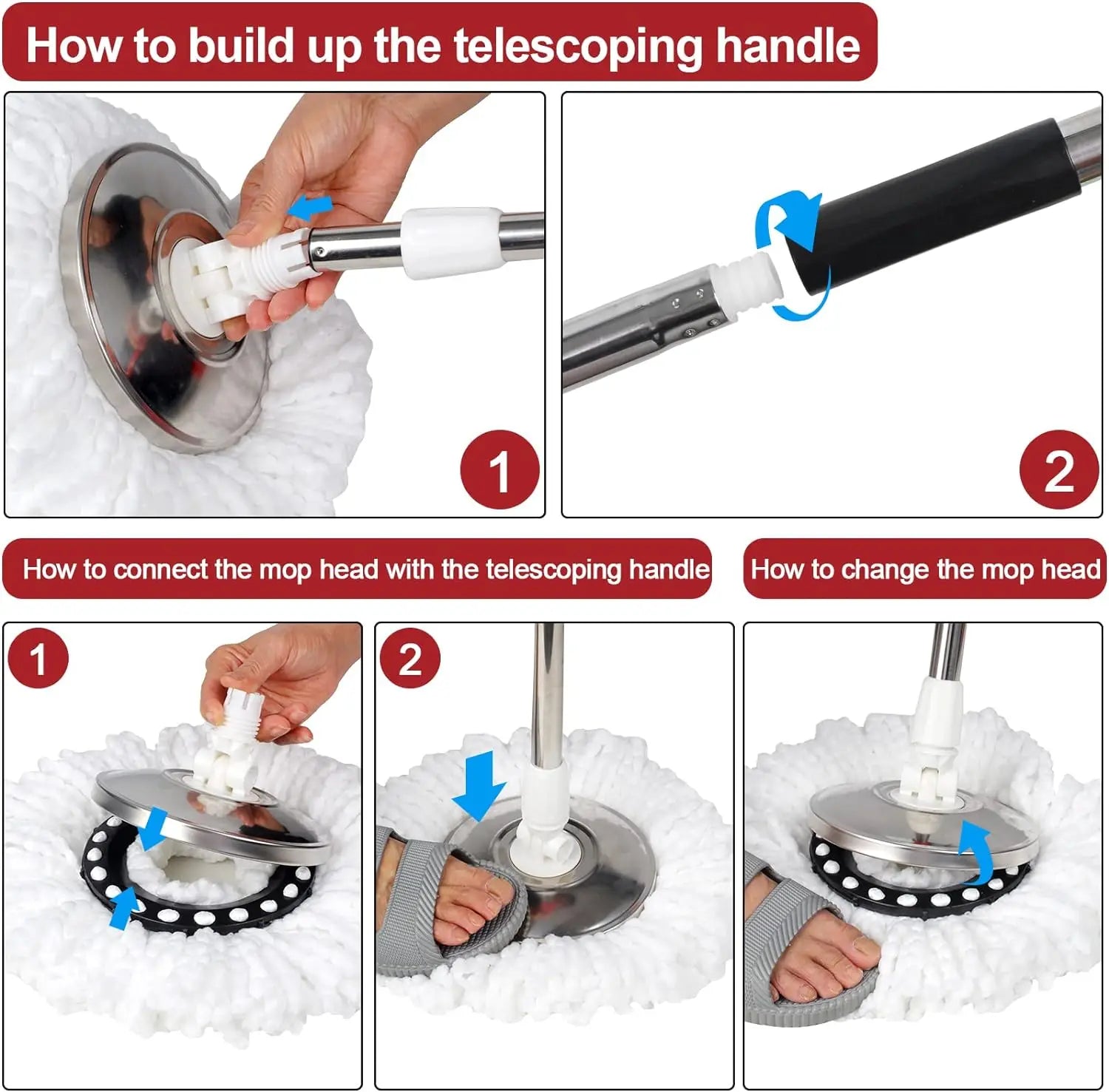 Spin Mop — 360° Rotating, Hands-Free, Easy Wringing, Microfiber, Extendable Handle