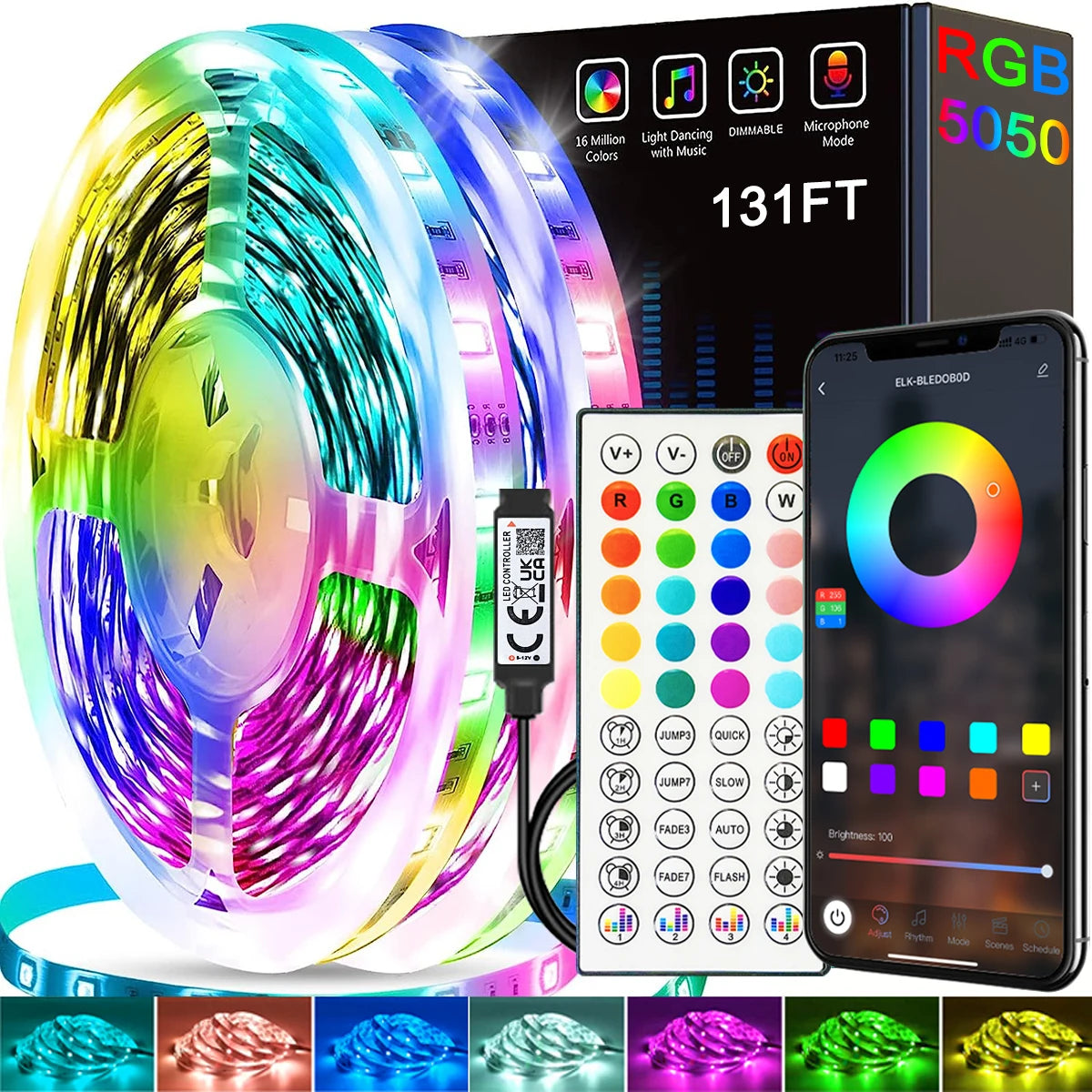 LED Strip Lights — Music Sync, RGB, Dimmable, Remote Control, Flexible, Self-Adhesive