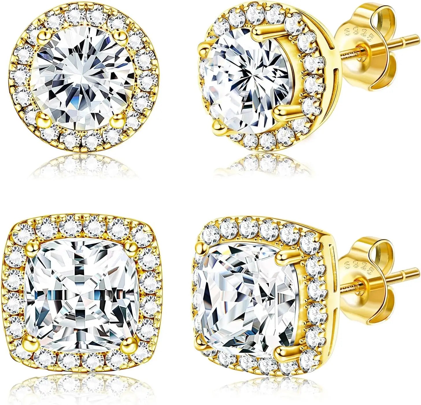 Zircon Stud Earrings — 4-Piece Set, Halo, Dainty, Hypoallergenic, Giftable