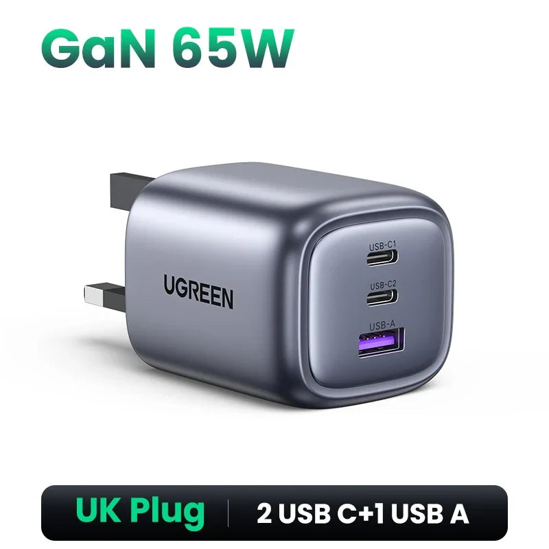 65W GaN 3-Port USB-C/A Fast Charger - Compact Power Adapter with PD & QC for Laptops, Phones, Tablets