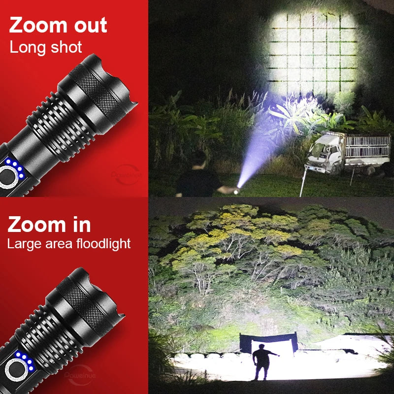 XHP360 Ultra-Bright Tactical LED Flashlight - USB-C Rechargeable, Telescopic Zoom, Camping & Emergency Lantern