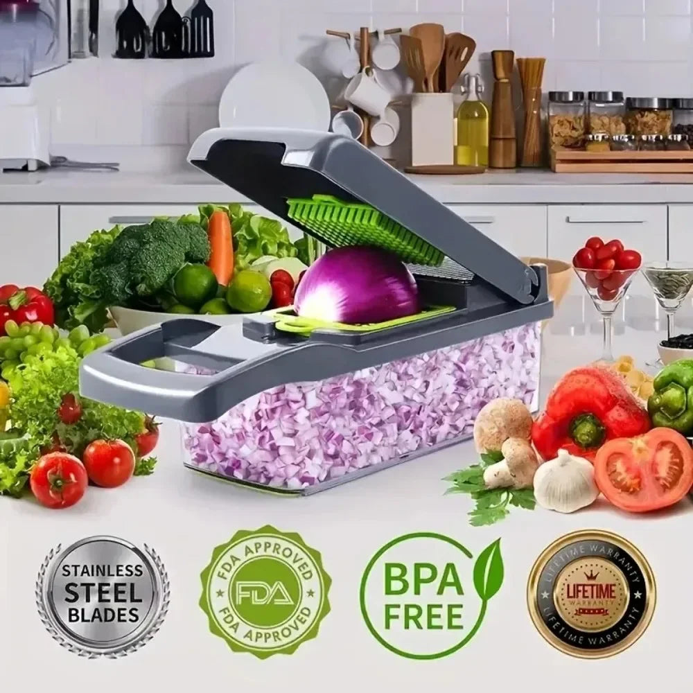 Vegetable Chopper — 12-in-1 Multifunctional, Stainless Steel, Professional Grade, Manual, Dicer