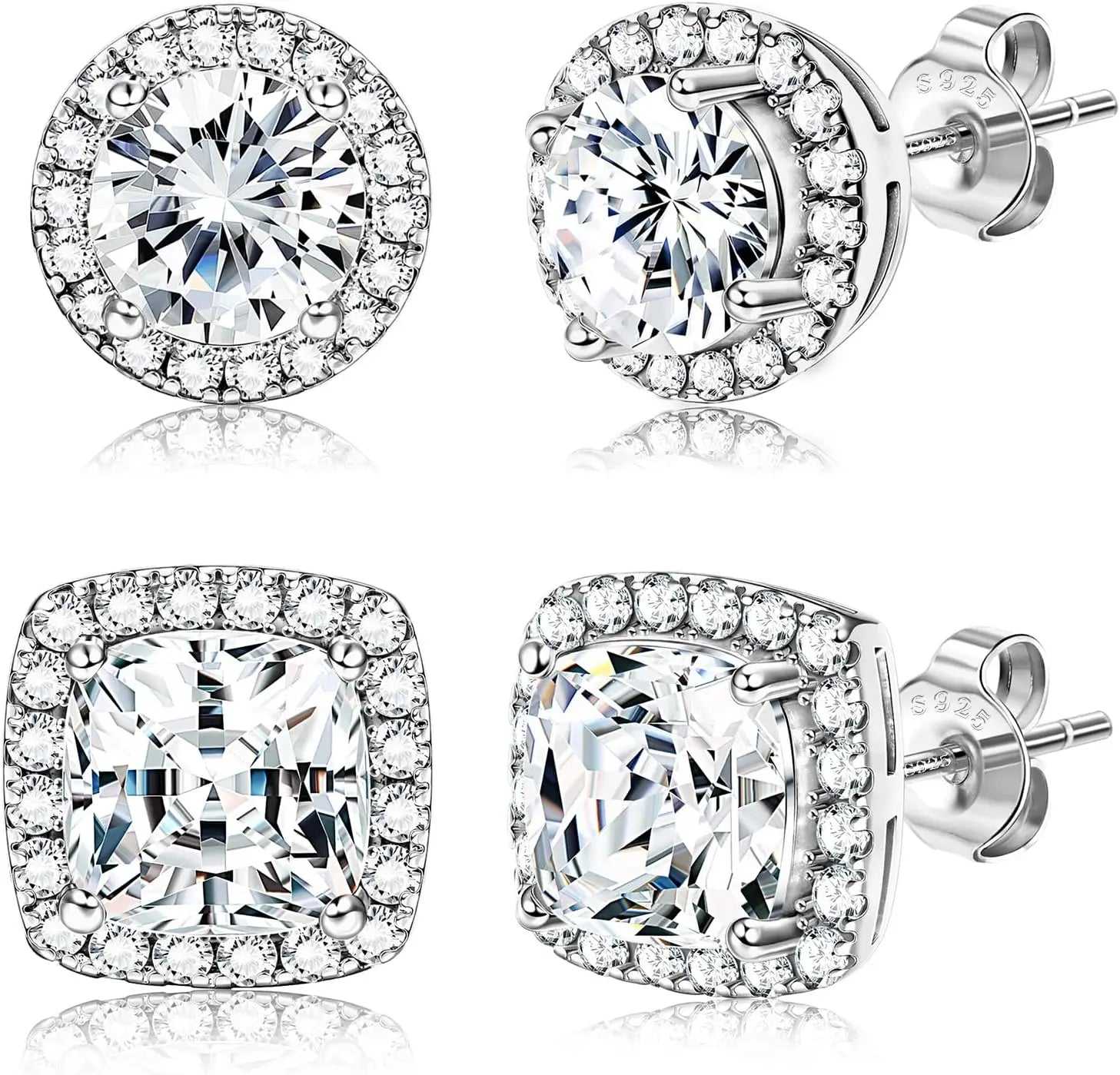 Zircon Stud Earrings — 4-Piece Set, Halo, Dainty, Hypoallergenic, Giftable