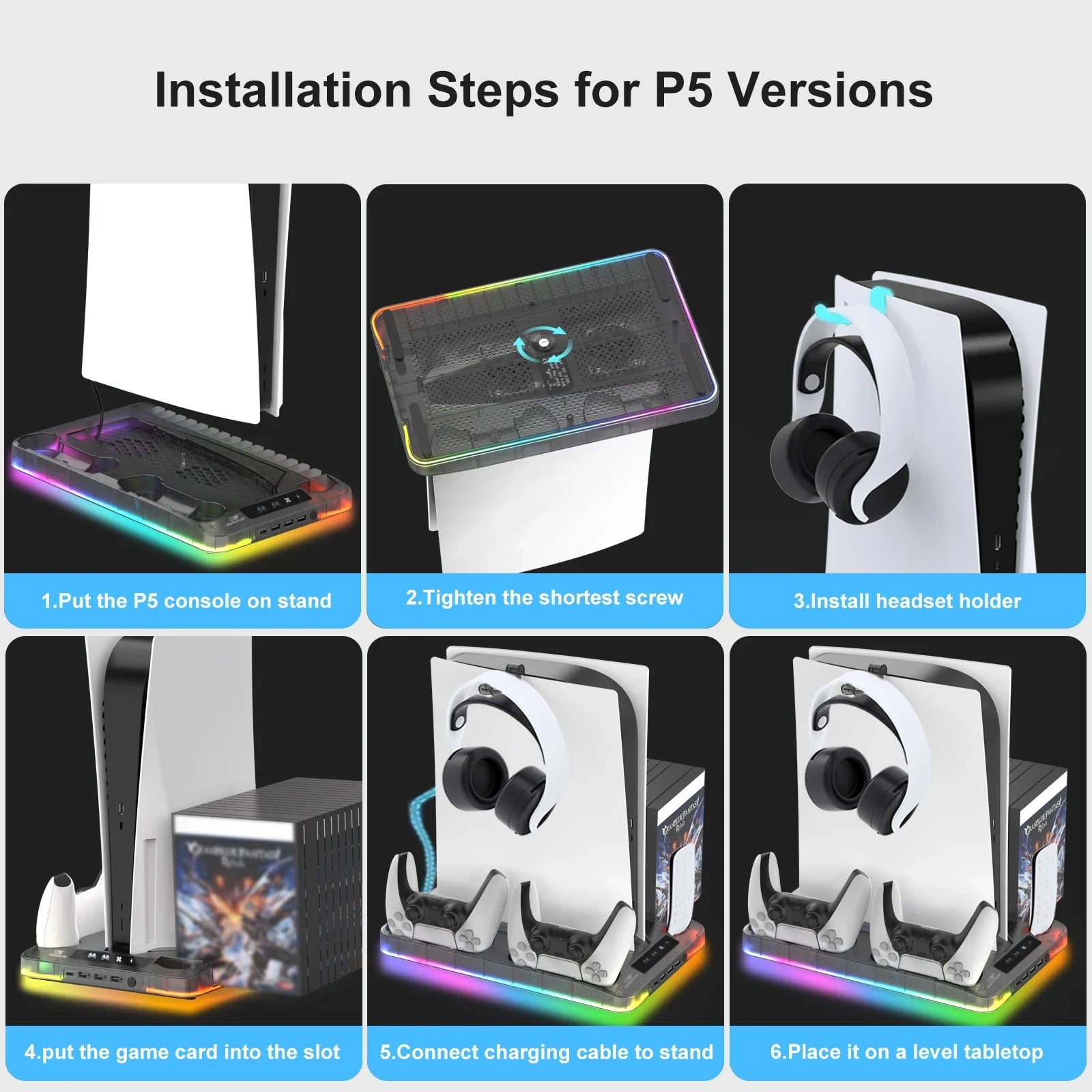 PS5 Cooling Stand — Fast Charging, Dual Controller, Quiet Fan, LED Indicators, Game Storage, Headset Holder