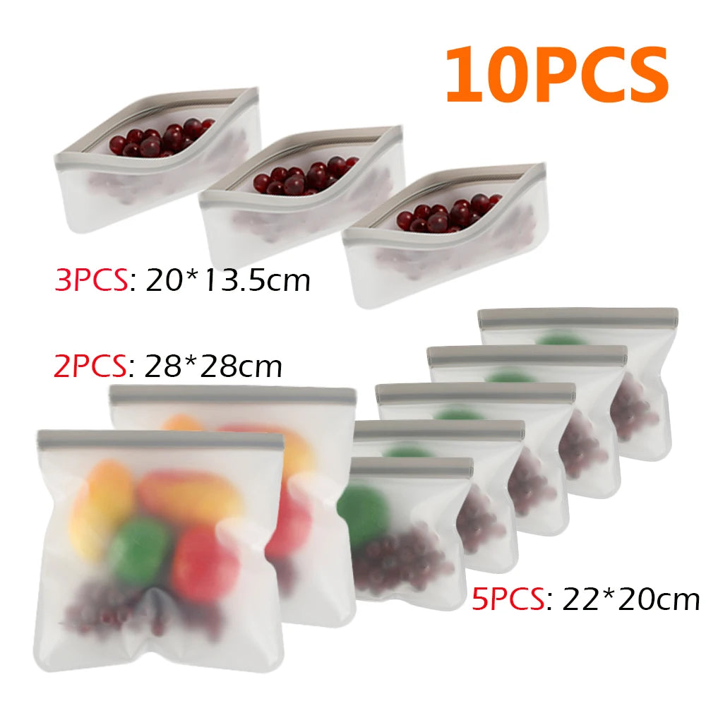 10-Piece Reusable Silicone Food Storage Bag Set - Leakproof, Stand-Up, Freezer & Microwave Safe (Plastic-Bag Replacement)