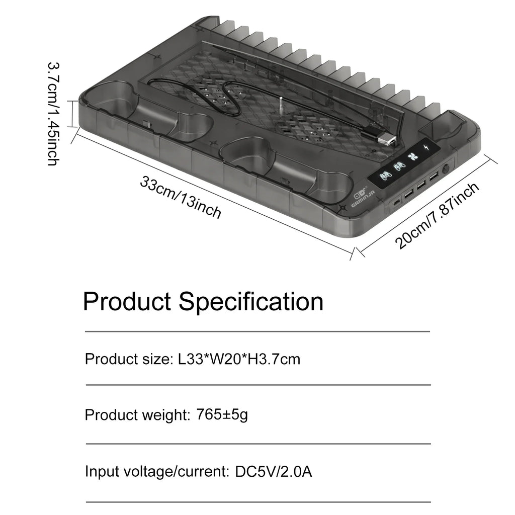 PS5 Cooling Stand — Fast Charging, Dual Controller, Quiet Fan, LED Indicators, Game Storage, Headset Holder