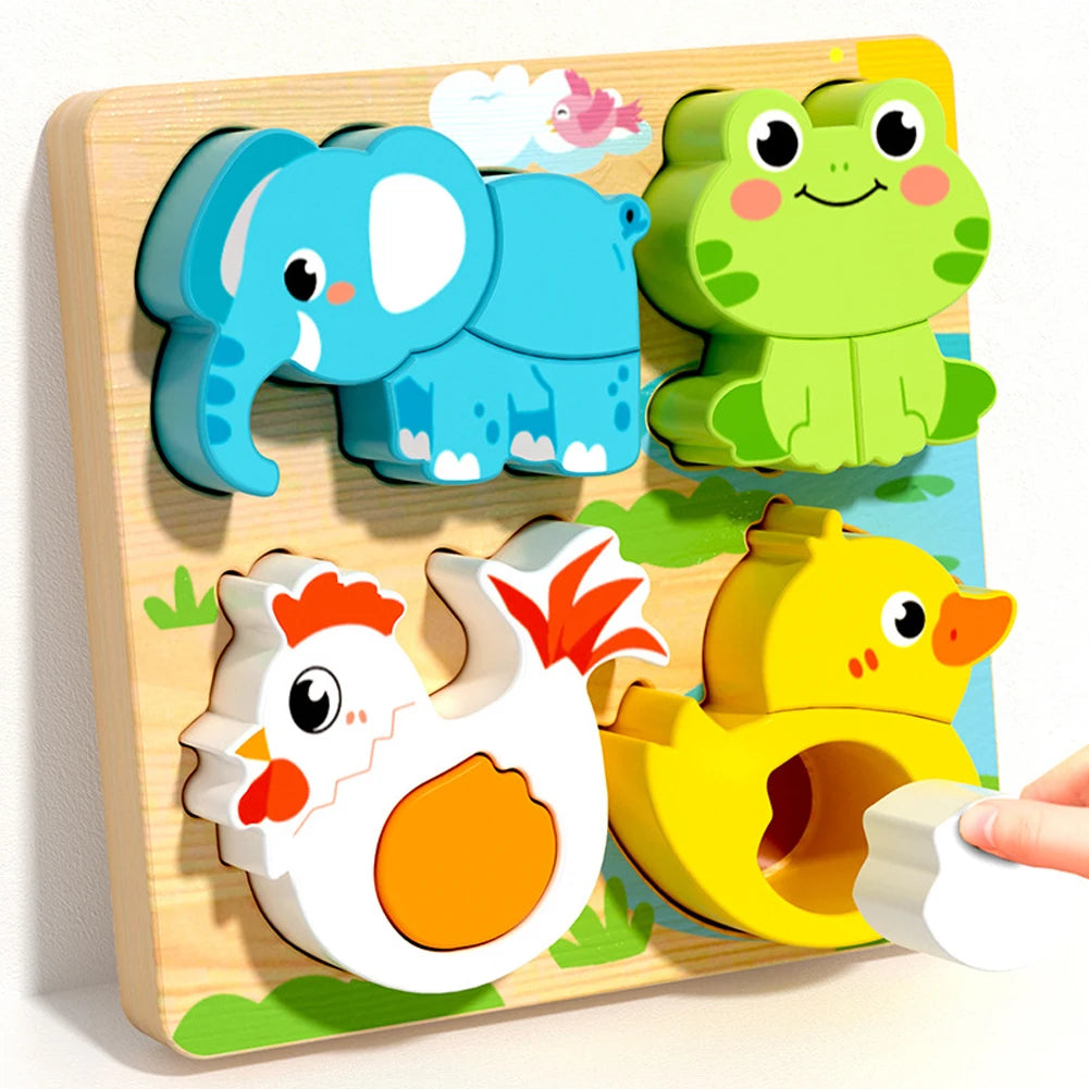 4-in-1 Wooden Animal Puzzle Set - Montessori Cognitive Jigsaw Learning Toy for Toddlers Ages 1-4, Develops Shape & Color Recognition