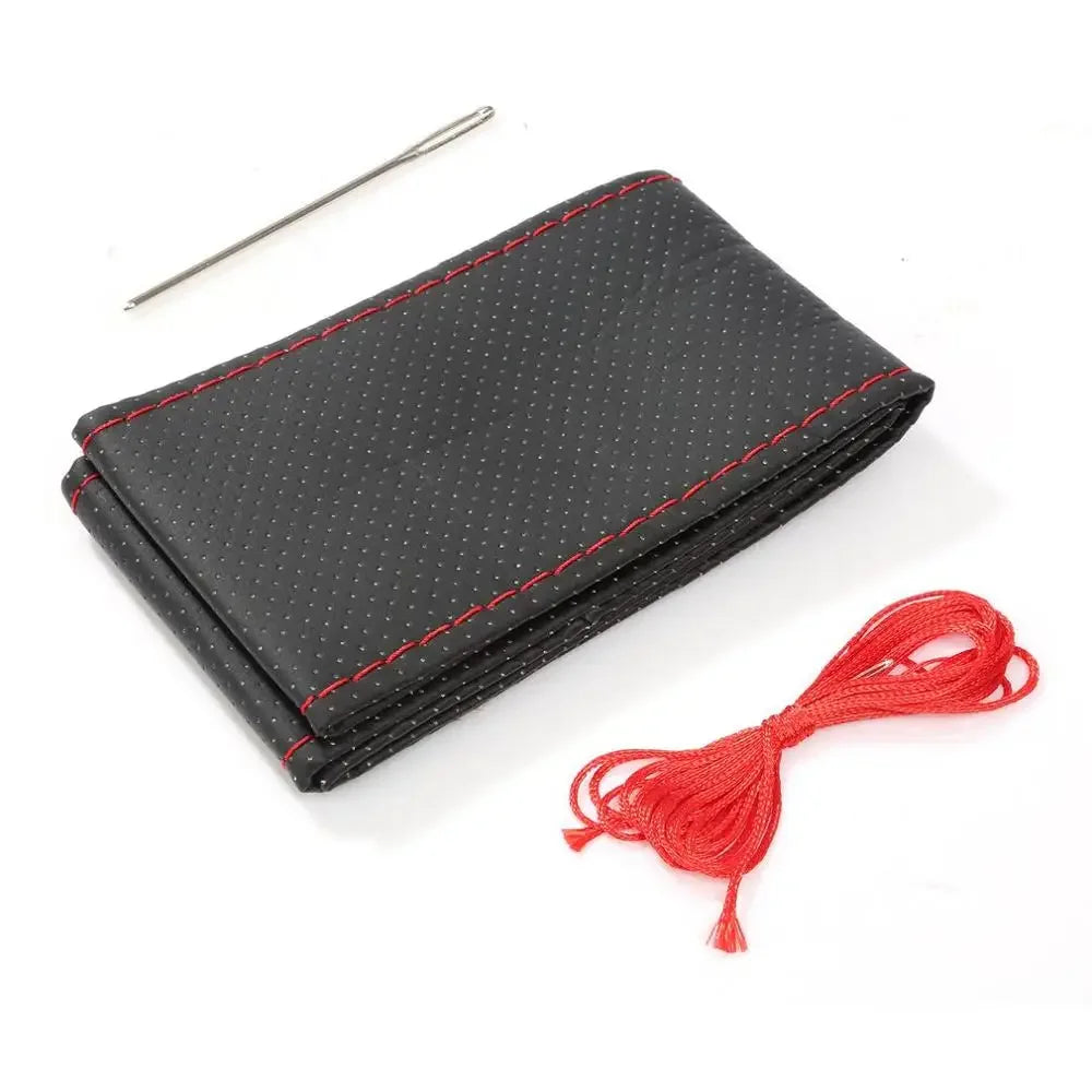 Hand-Stitched PU Leather Steering Wheel Cover - Custom-Fit DIY Kit with Needle & Thread, Non-Slip Grip (Fits 14.5-15.5")