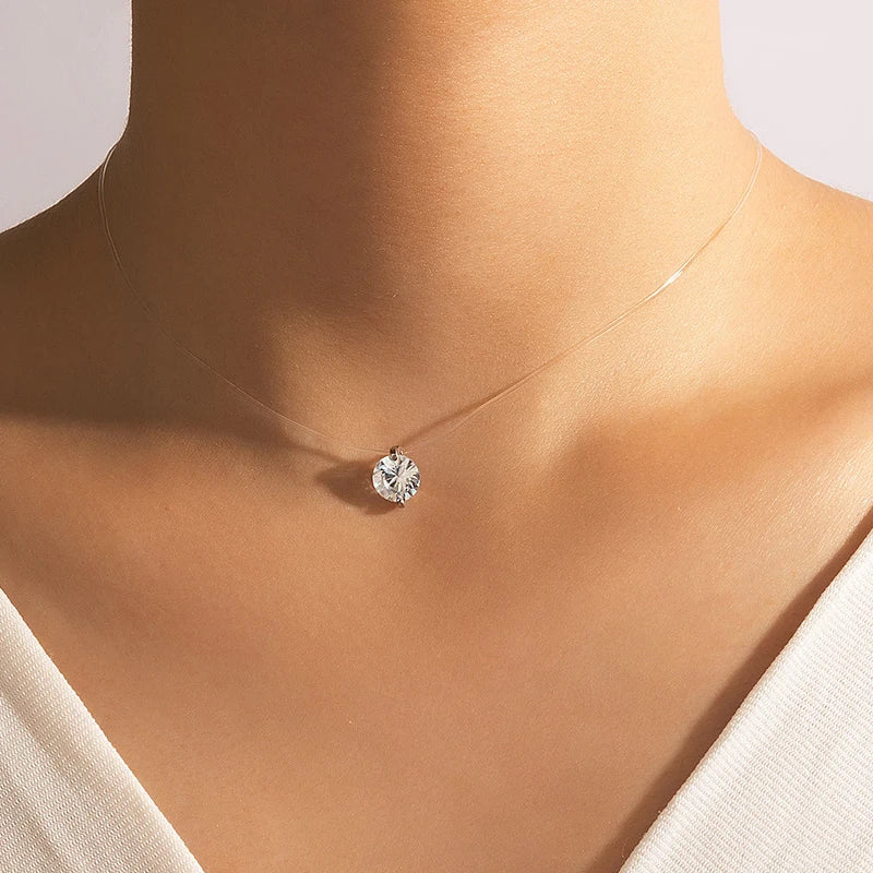 Floating Pendant Necklace — Invisible Chain, Sparkling CZ, Dainty, Minimalist, Hypoallergenic, Gift for Her