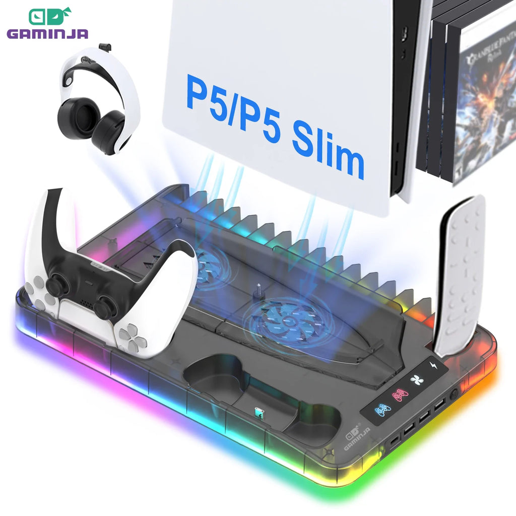 PS5 Cooling Stand — Fast Charging, Dual Controller, Quiet Fan, LED Indicators, Game Storage, Headset Holder