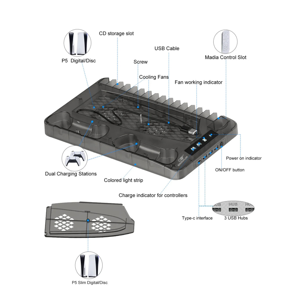 PS5 Cooling Stand — Fast Charging, Dual Controller, Quiet Fan, LED Indicators, Game Storage, Headset Holder