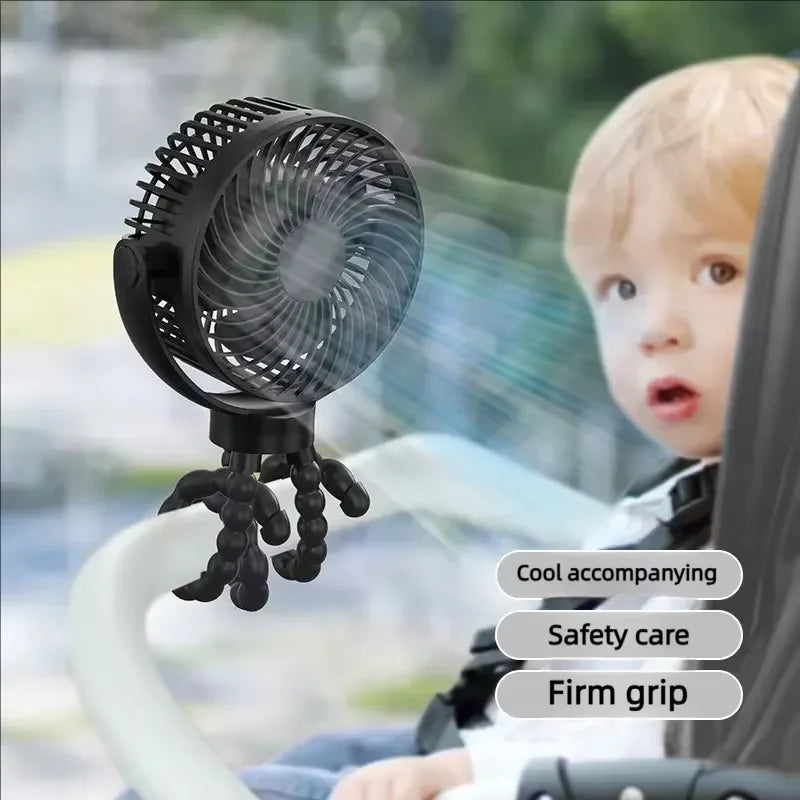 Portable Stroller Fan — USB Rechargeable, Flexible Tripod, Clip-On, Quiet, Safe for Babies