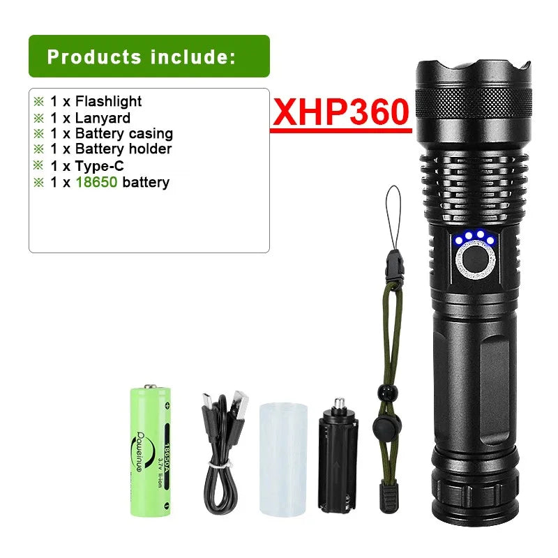 XHP360 Ultra-Bright Tactical LED Flashlight - USB-C Rechargeable, Telescopic Zoom, Camping & Emergency Lantern