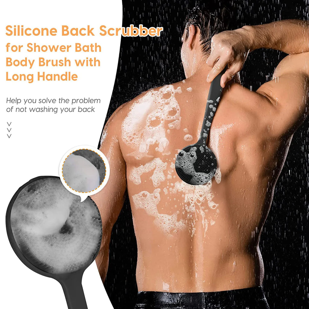 Silicone Back Scrubber Shower Brush - Long Handle Double-Sided Body Exfoliator, Massage Bath Brush, Anti-Mold Bathroom Cleaning Tool