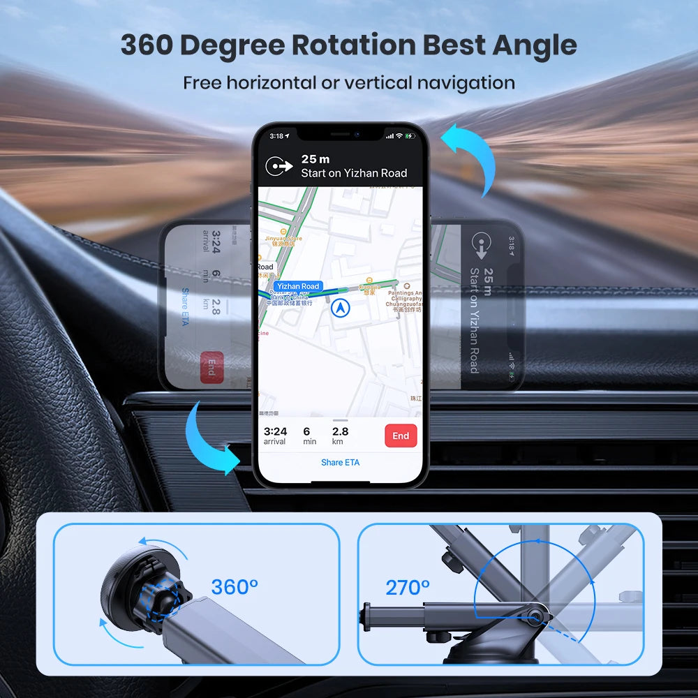 Magnetic Car Phone Mount - N52 Strong Magnet Dashboard Windshield Holder, Telescopic Arm Suction Cup, Universal Phone Stand for iPhone Android