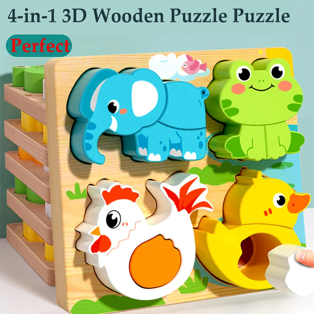 4-in-1 Wooden Animal Puzzle Set - Montessori Cognitive Jigsaw Learning Toy for Toddlers Ages 1-4, Develops Shape & Color Recognition