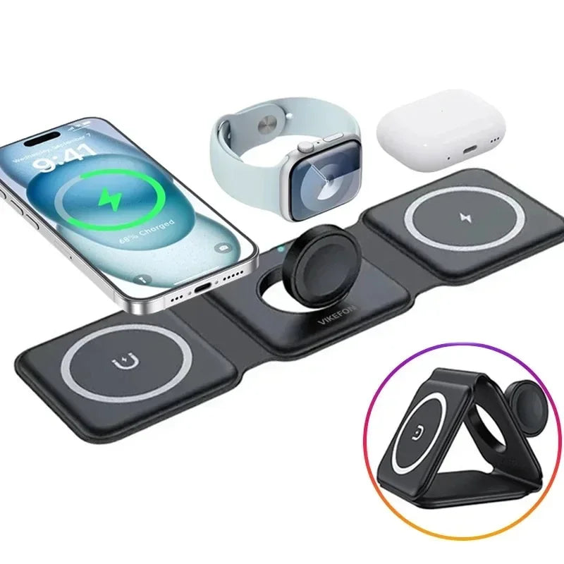 3-in-1 Wireless Charger Stand — Fast Charging, Universal Compatibility, Space Saving, iPhone, Apple Watch, AirPods
